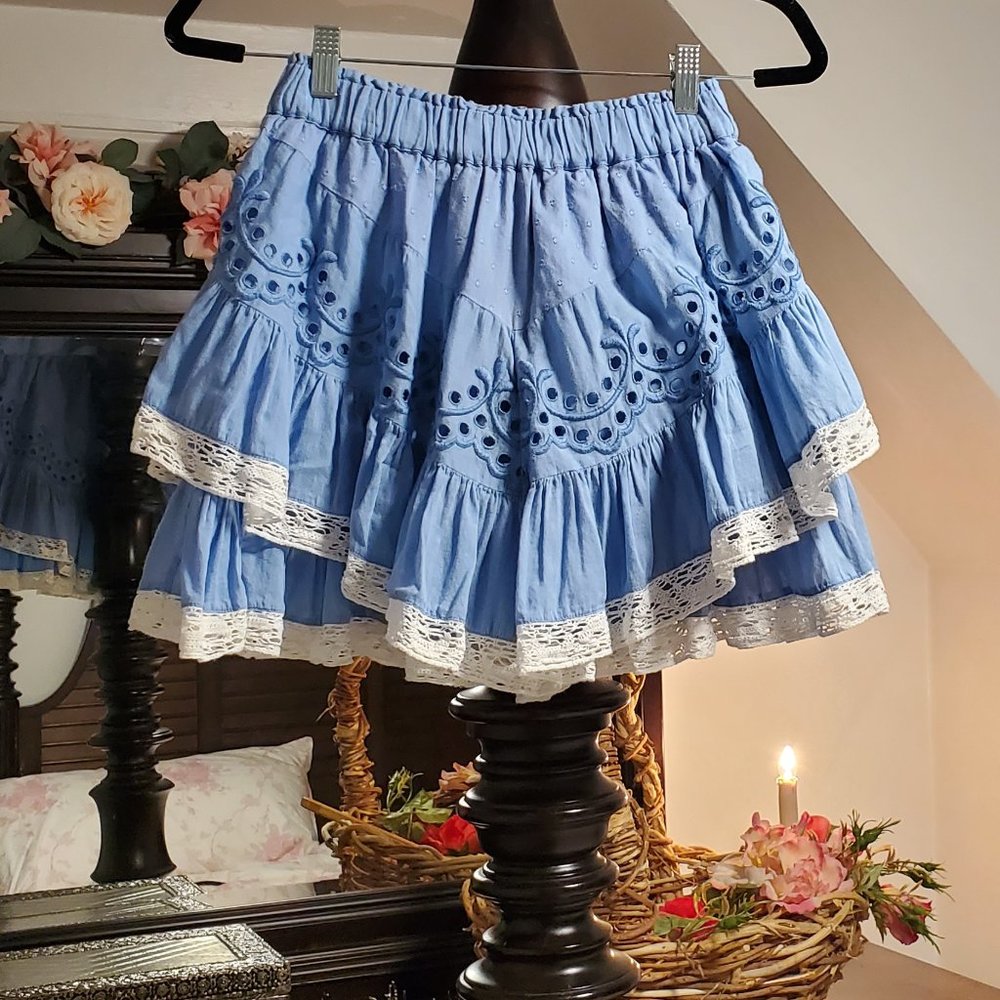 LoveShackFancy  Briella Mini Skirt Blue Small